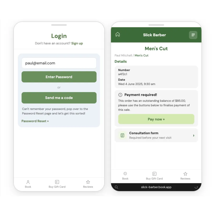 Customer login and self-service booking portal screens